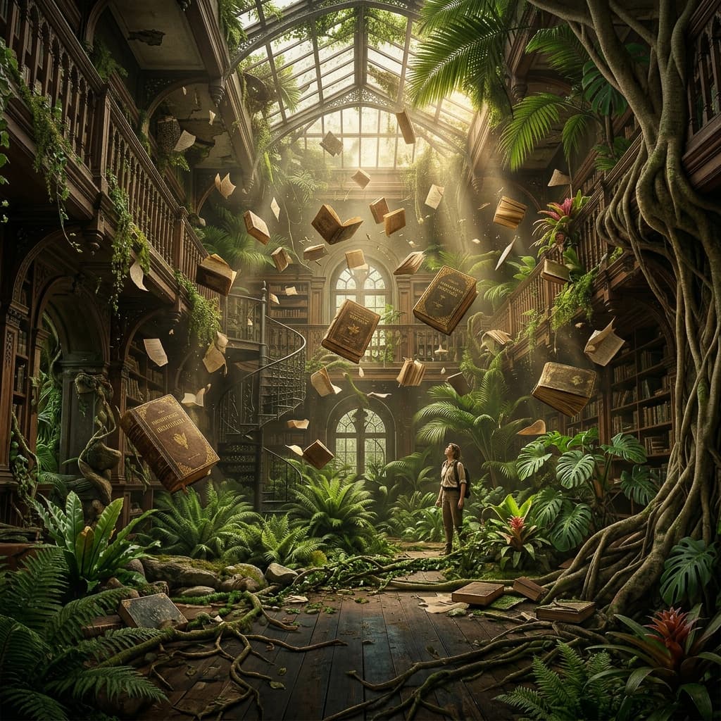 A fractured reality where a Victorian library merges with a lush tropical rainforest. Ancient leather-bound books floating in mid-air, vibrant green ferns growing out of floorboards, 8K resolution, 1:1 aspect ratio, hyper-realistic textures, cinematic lighting.