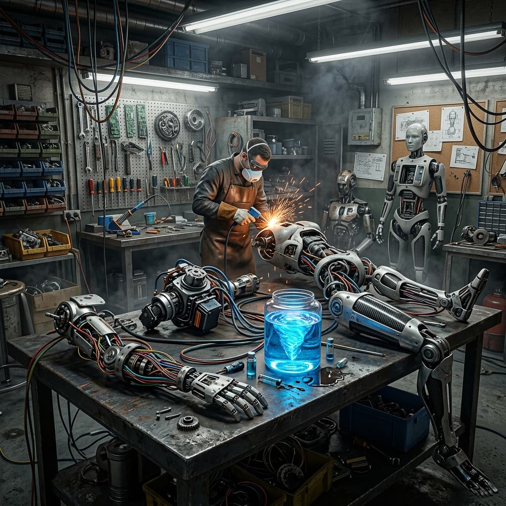 A cluttered workshop for androids. Disassembled robotic limbs on a metal table, glowing blue synthetic fluid, sparks from a laser welder, 8K, 1:1 aspect ratio, gritty industrial texture.