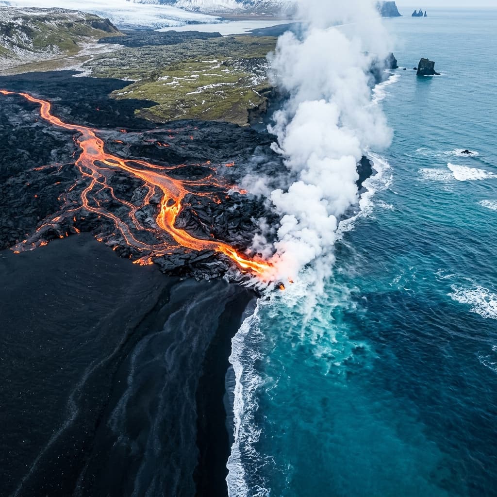 Aerial shot of a black sand beach in Iceland. Glowing orange lava flowing into the freezing turquoise ocean, white steam rising, 8K, 1:1 aspect ratio, stark contrast.