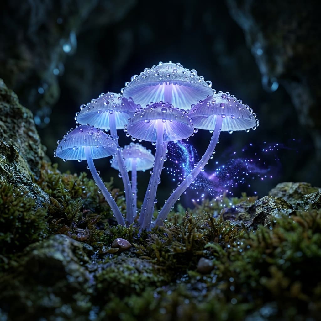 Macro shot of translucent mushrooms glowing with bioluminescence in a dark mossy cave. Tiny water droplets reflecting light, spores floating, 8K, 1:1 aspect ratio, extreme depth of field.