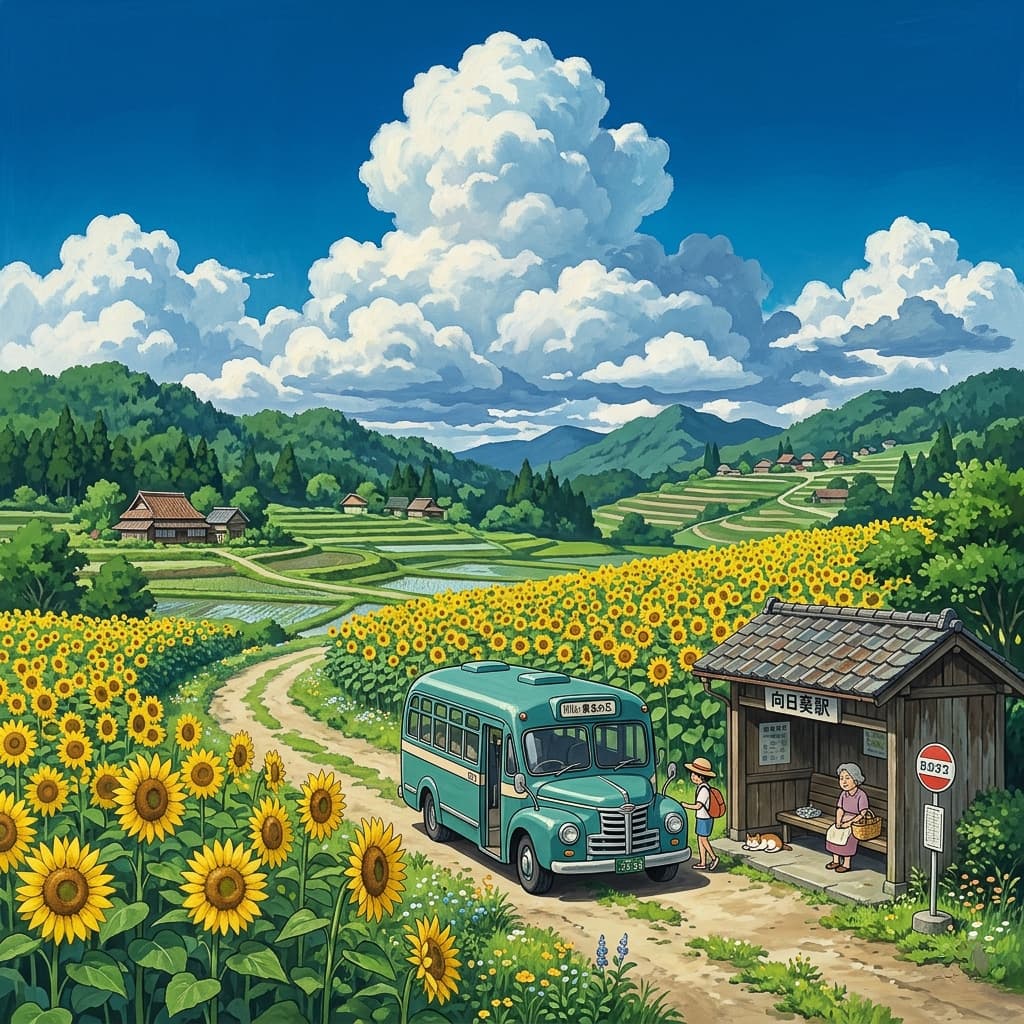 A lush summer countryside path inspired by Studio Ghibli art style. Massive, fluffy cumulus clouds in a deep blue sky, vibrant fields of sunflowers swaying in the breeze. A vintage teal bus stops at a rustic station. Hand-painted texture, nostalgic atmosphere, soft natural lighting, high definition 8K, 1:1 aspect ratio.