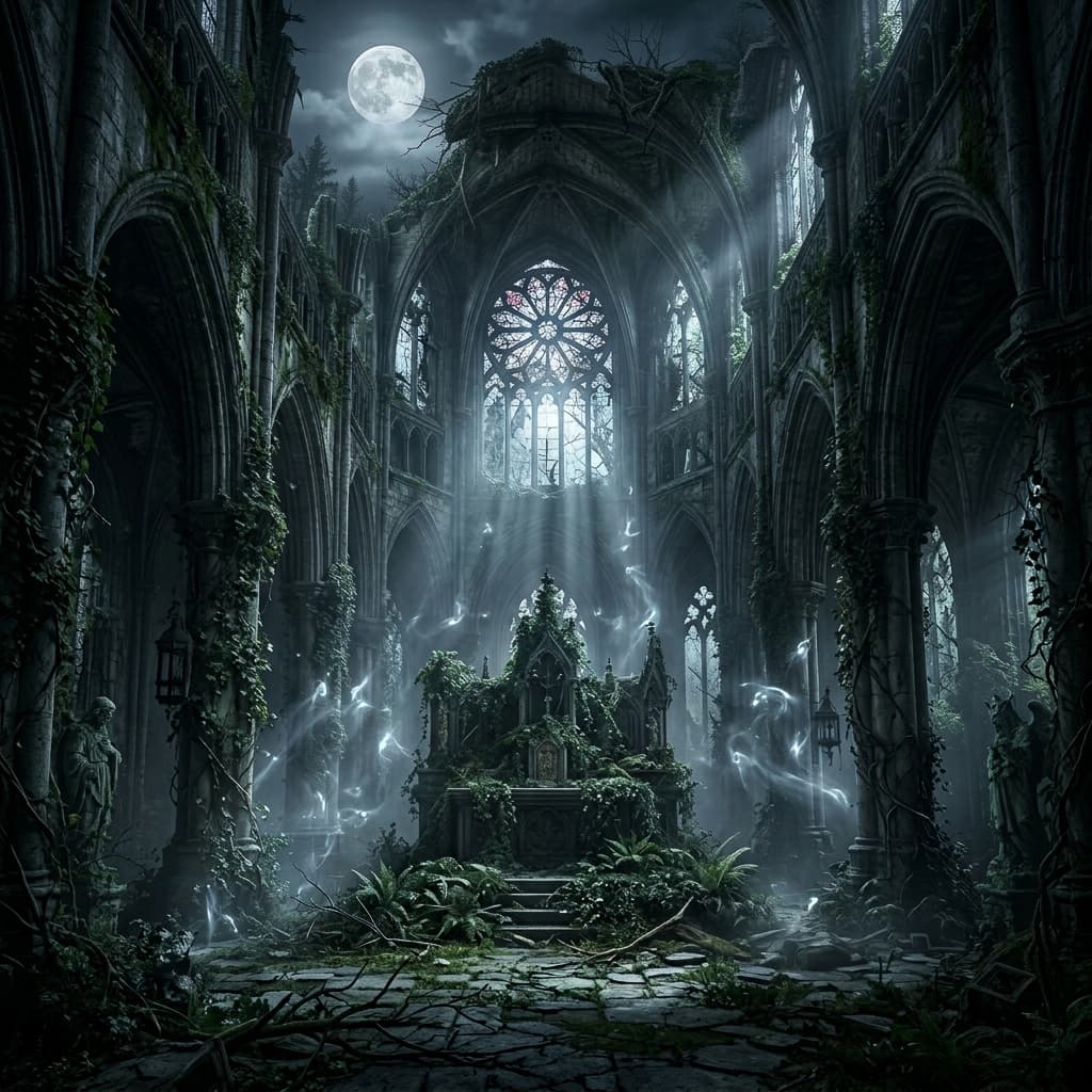 An ancient, overgrown Gothic cathedral deep within a moonlit forest. Pale moonlight streams through shattered stained-glass windows, illuminating floating spectral wisps and ivy-covered stone altars. Atmospheric fog, hauntingly beautiful, dark fantasy aesthetic, extreme textures, 8K resolution, 1:1 aspect ratio.