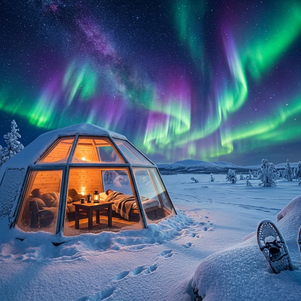 A glass igloo on a snowy plain under a vivid green and violet Aurora Borealis. Warm orange light from inside, crisp snow texture, 8K, 1:1 aspect ratio, hyper-realistic.