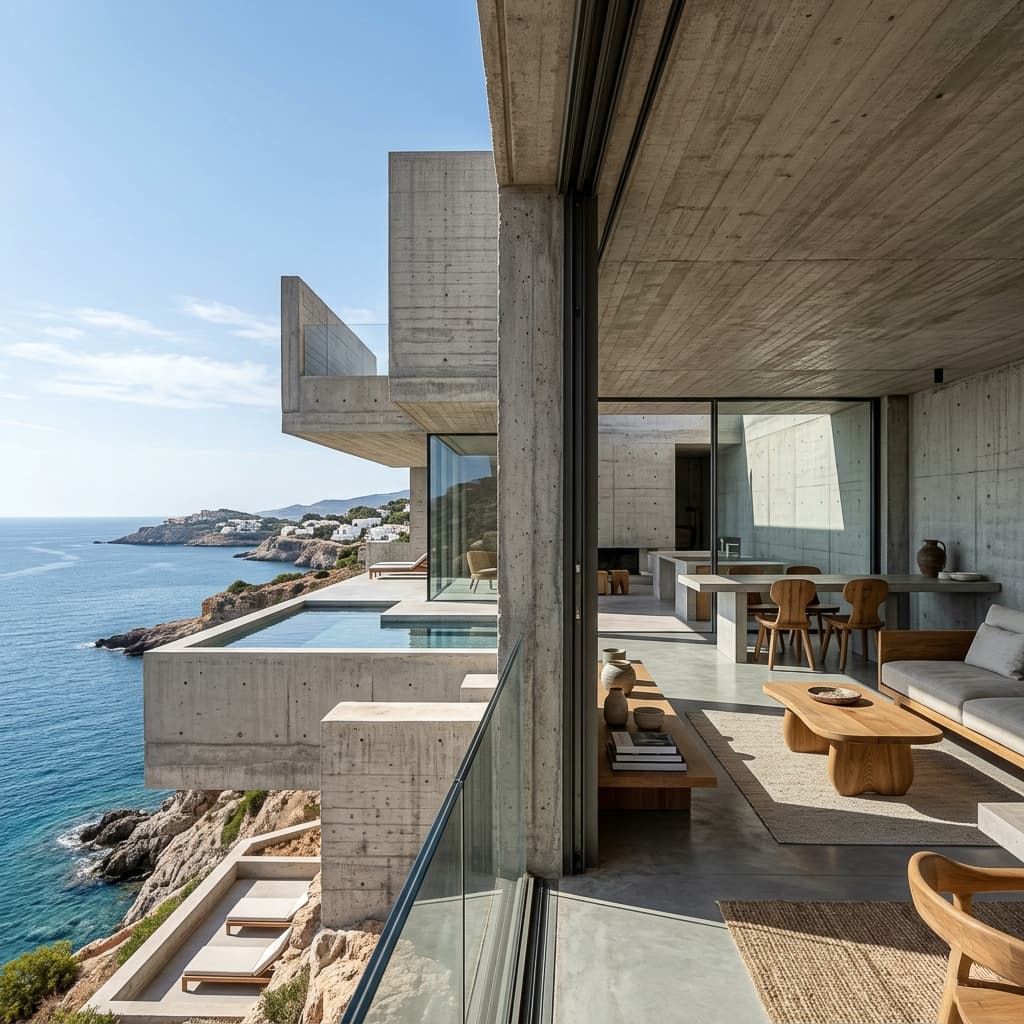 A brutalist concrete mansion built into a cliffside overlooking the Mediterranean. Floor-to-ceiling glass, minimalist wooden furniture, 8K, 1:1 aspect ratio, architectural photography.