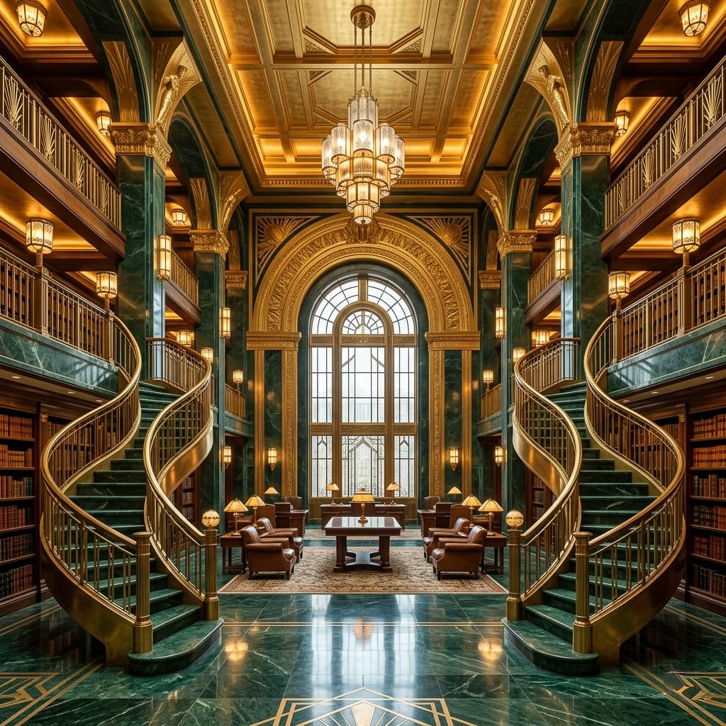 A grand Art Deco library with gold-leaf accents and emerald green marble floors. Symmetrical spiral staircases, warm brass lamps, 8K, 1:1 aspect ratio, opulent.