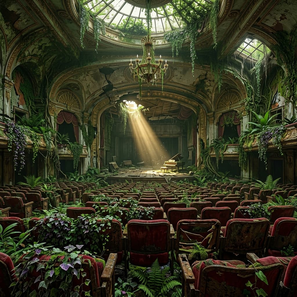 An abandoned 1920s theater reclaimed by nature. Ivy growing over velvet red seats, a single beam of light hitting the stage, 8K, 1:1 aspect ratio, highly textured decay.