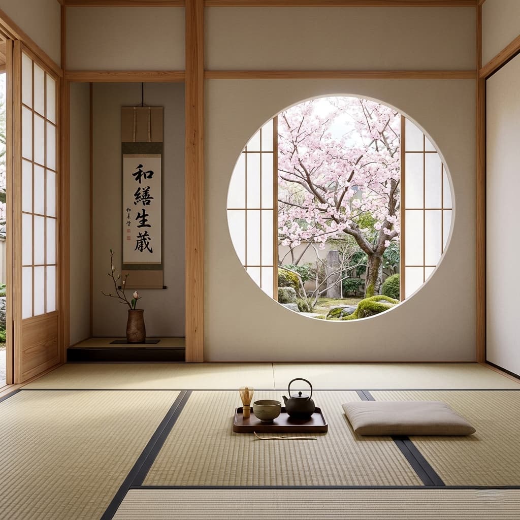 A modern minimalist Japanese tea room. Tatami mats, a circular window framing a cherry blossom tree, soft morning light, 8K, 1:1 aspect ratio, peaceful.