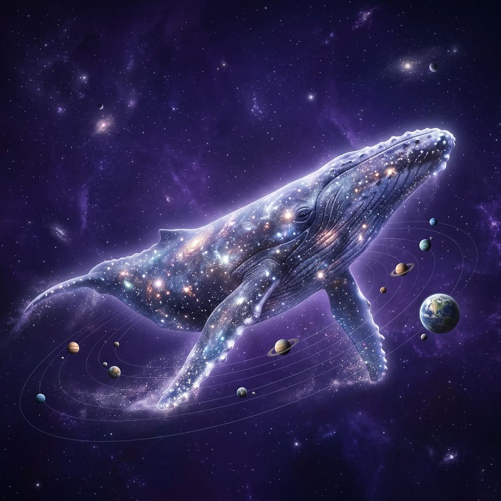 A massive celestial whale swimming through a deep purple nebula, its skin made of shimmering star clusters and cosmic dust. Tiny planets orbiting its fins, 8K, 1:1 aspect ratio, ethereal glow, majestic atmosphere.