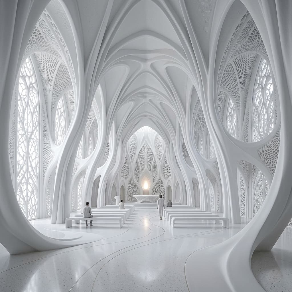 A cathedral designed with parametric architecture. Sinuous white curves, light-diffusing 3D-printed walls, ethereal atmosphere, 8K, 1:1 aspect ratio, avant-garde design.