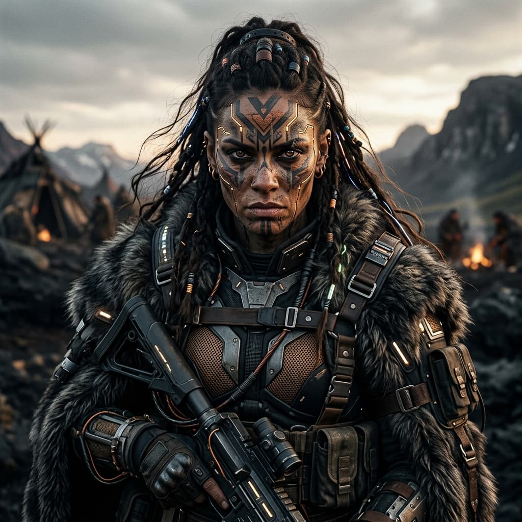 Portrait of a futuristic nomadic warrior. Intricate facial paint mixed with gold LED implants, tech-fabric and fur cloak, 8K, 1:1 aspect ratio, intense gaze, cinematic lighting.