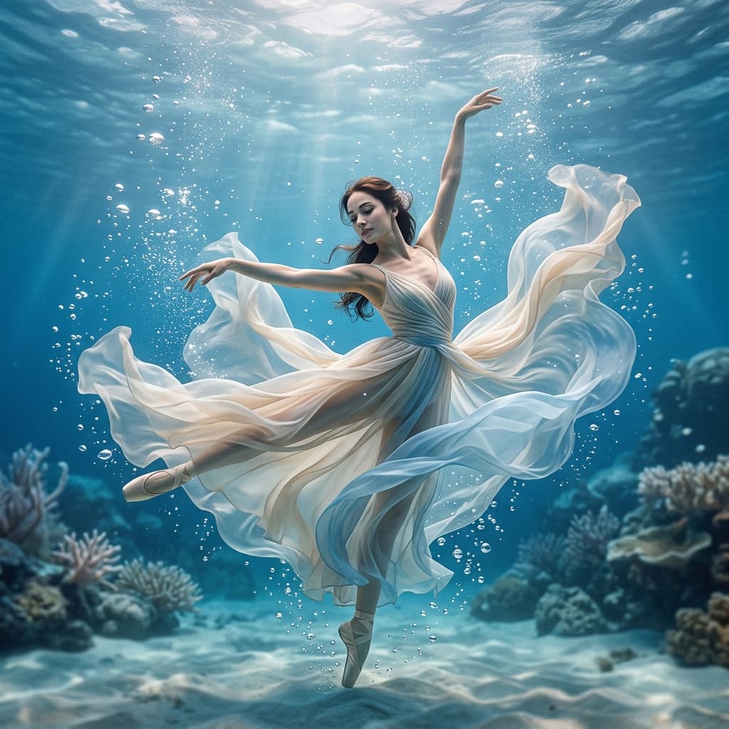 A ballerina dancing underwater. Flowing silk dress creating ethereal shapes, air bubbles like pearls, soft diffused light, 8K, 1:1 aspect ratio, graceful.