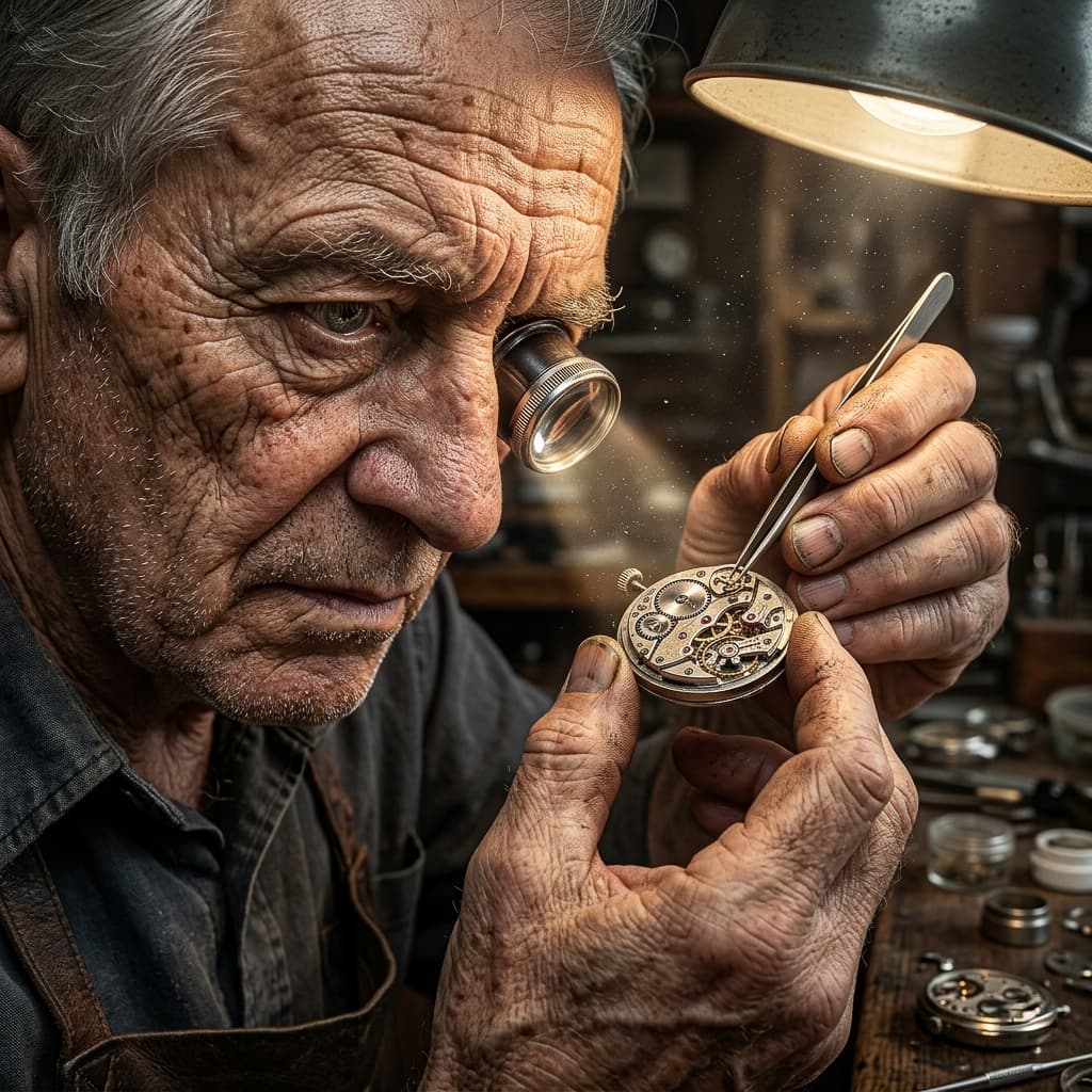 Extreme close-up of an elderly watchmaker. Every wrinkle and pore visible, dust motes in the light of a magnifying glass, 8K, 1:1 aspect ratio, hyper-realistic skin textures.