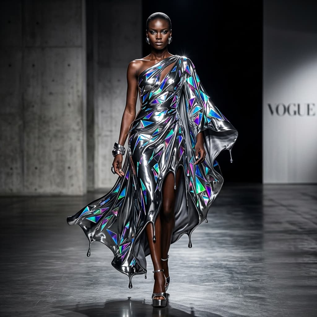 A high-fashion model wearing a dress made of liquid mercury and holographic shards. Studio lighting, sharp shadows, 8K, 1:1 aspect ratio, Vogue style.