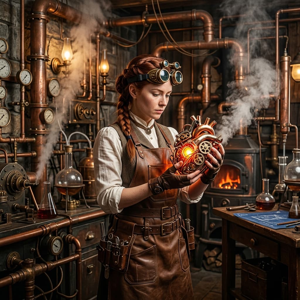 A young woman in a laboratory with copper pipes and steam. Brass goggles, holding a glowing mechanical heart, 8K, 1:1 aspect ratio, Victorian-tech aesthetic.