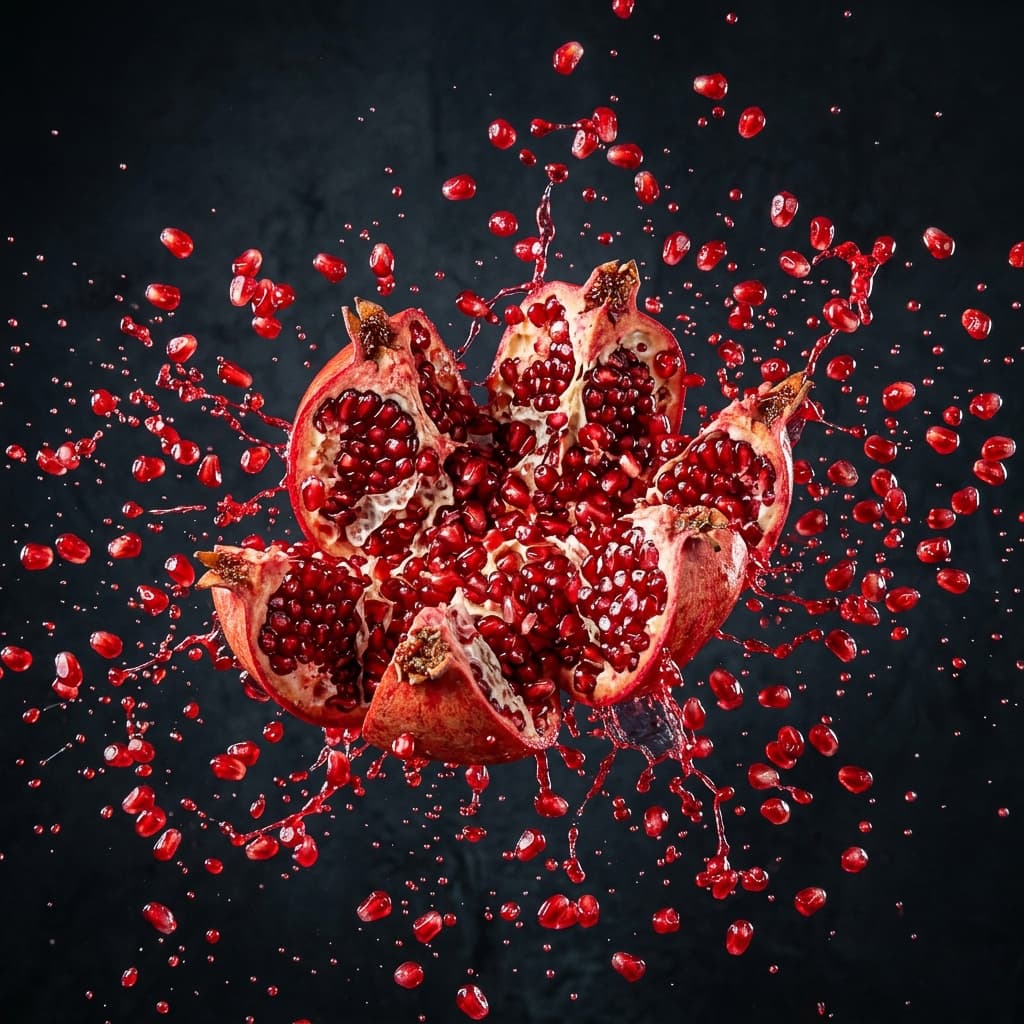 High-speed photography of a pomegranate exploding. Seeds and juice frozen in mid-air, vibrant red, ultra-sharp focus, 8K, 1:1 aspect ratio, food art.