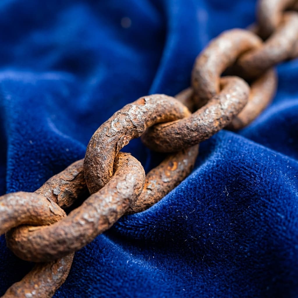 A heavy rusted iron chain resting on royal blue velvet. Contrast between flaky rust and smooth light-absorbing fabric, 8K, 1:1 aspect ratio, macro detail.
