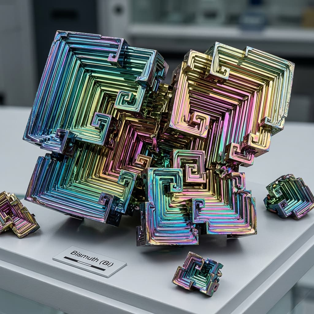 Bismuth crystals in iridescent metallic colors. Complex stair-step structures, macro shot, rainbow sheen, sharp edges, 8K, 1:1 aspect ratio, scientific aesthetic.