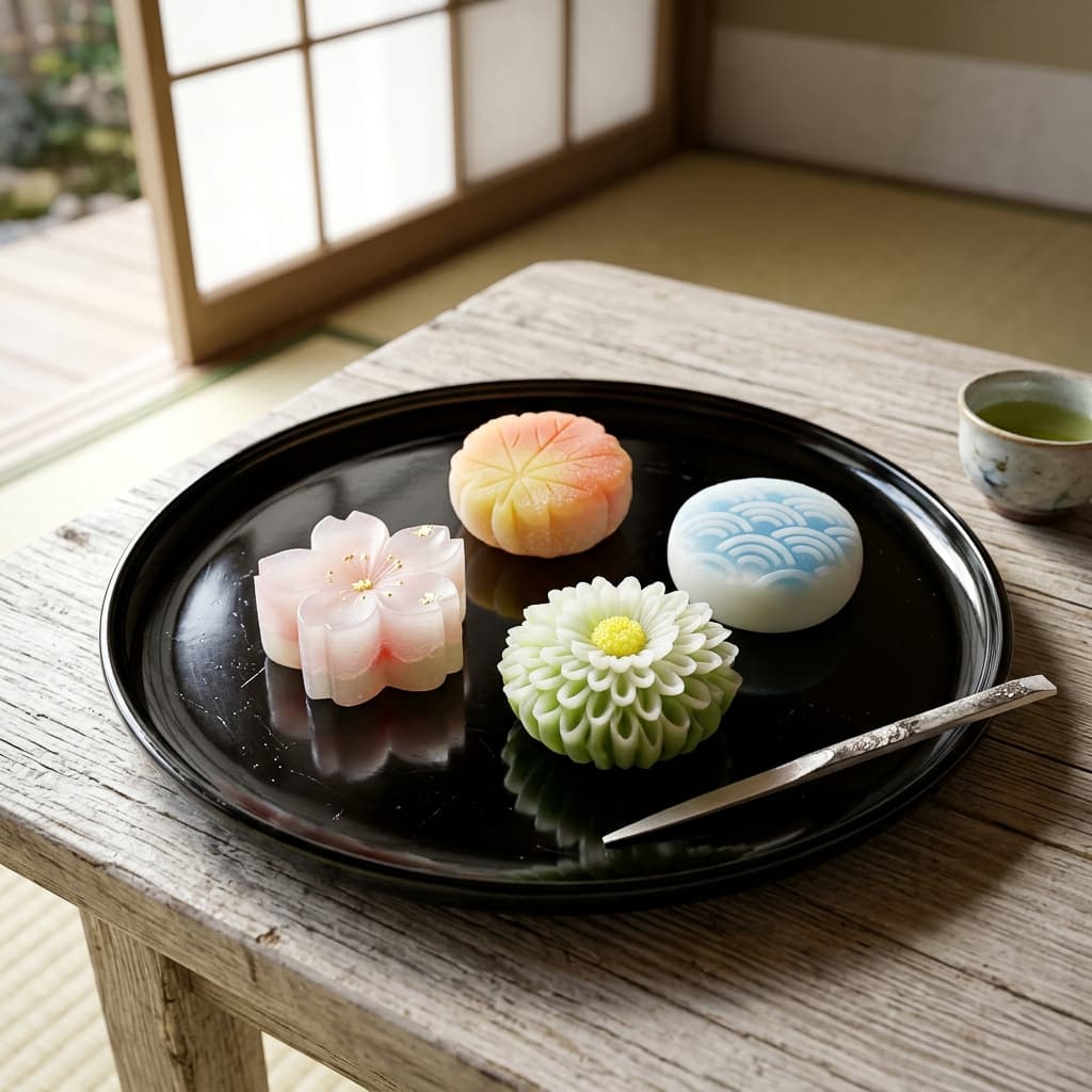 Exquisite Japanese Wagashi sweets on a black lacquer plate. Translucent textures, delicate floral shapes, soft natural light, 8K, 1:1 aspect ratio, hyper-detailed.