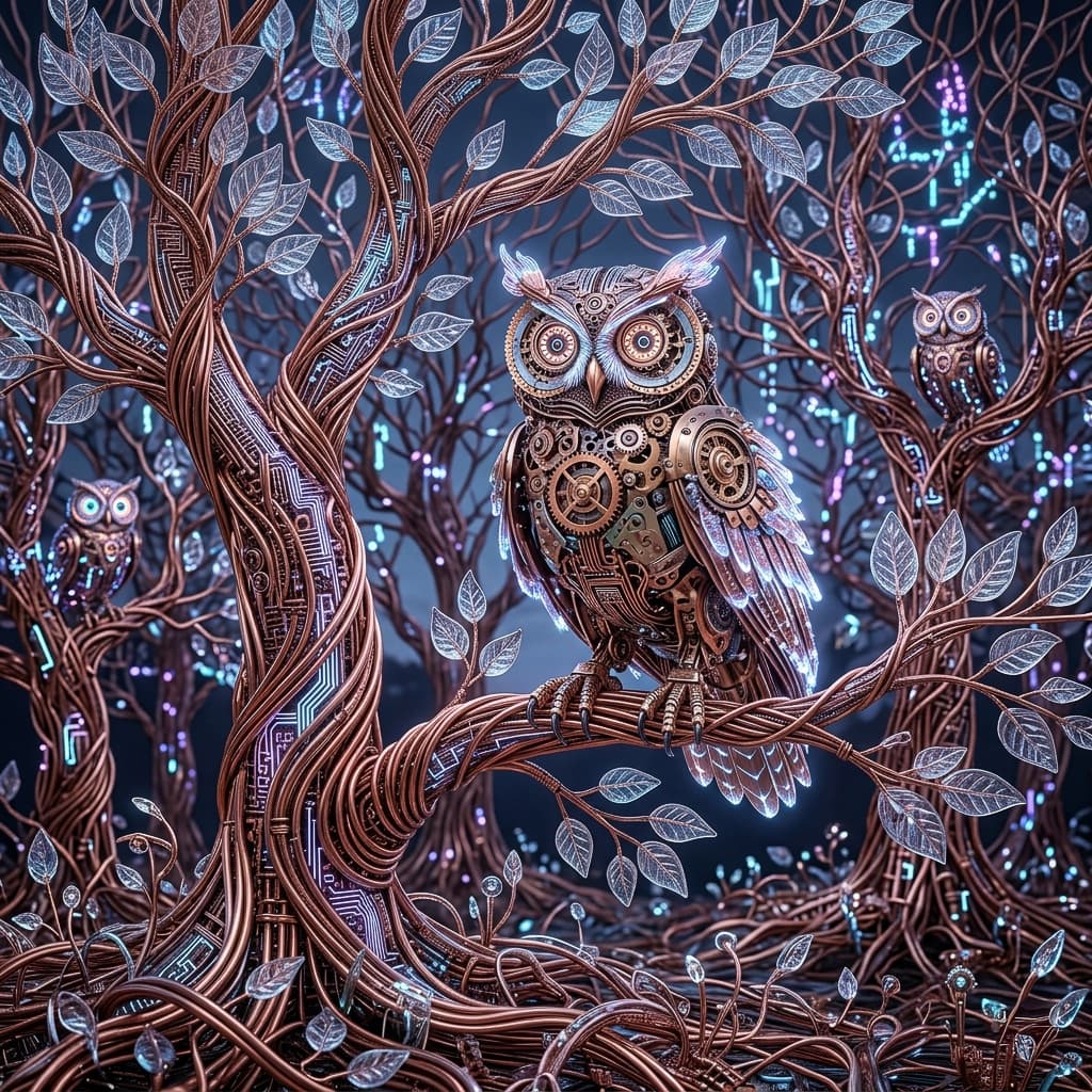 A forest where trees are made of glowing copper wires and translucent glass leaves. Bioluminescent mechanical owls with clockwork eyes, soft neon pulse, 8K, 1:1 aspect ratio, ultra-detailed circuitry.