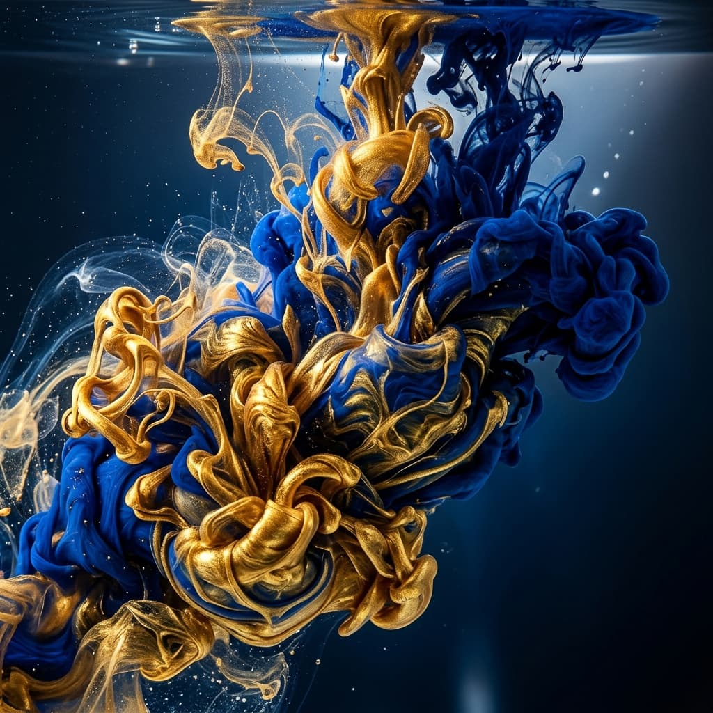 Intricate swirls of thick gold and deep blue ink colliding in clear water. Smoke-like patterns, macro photography, high contrast, 8K, 1:1 aspect ratio, abstract masterpiece.