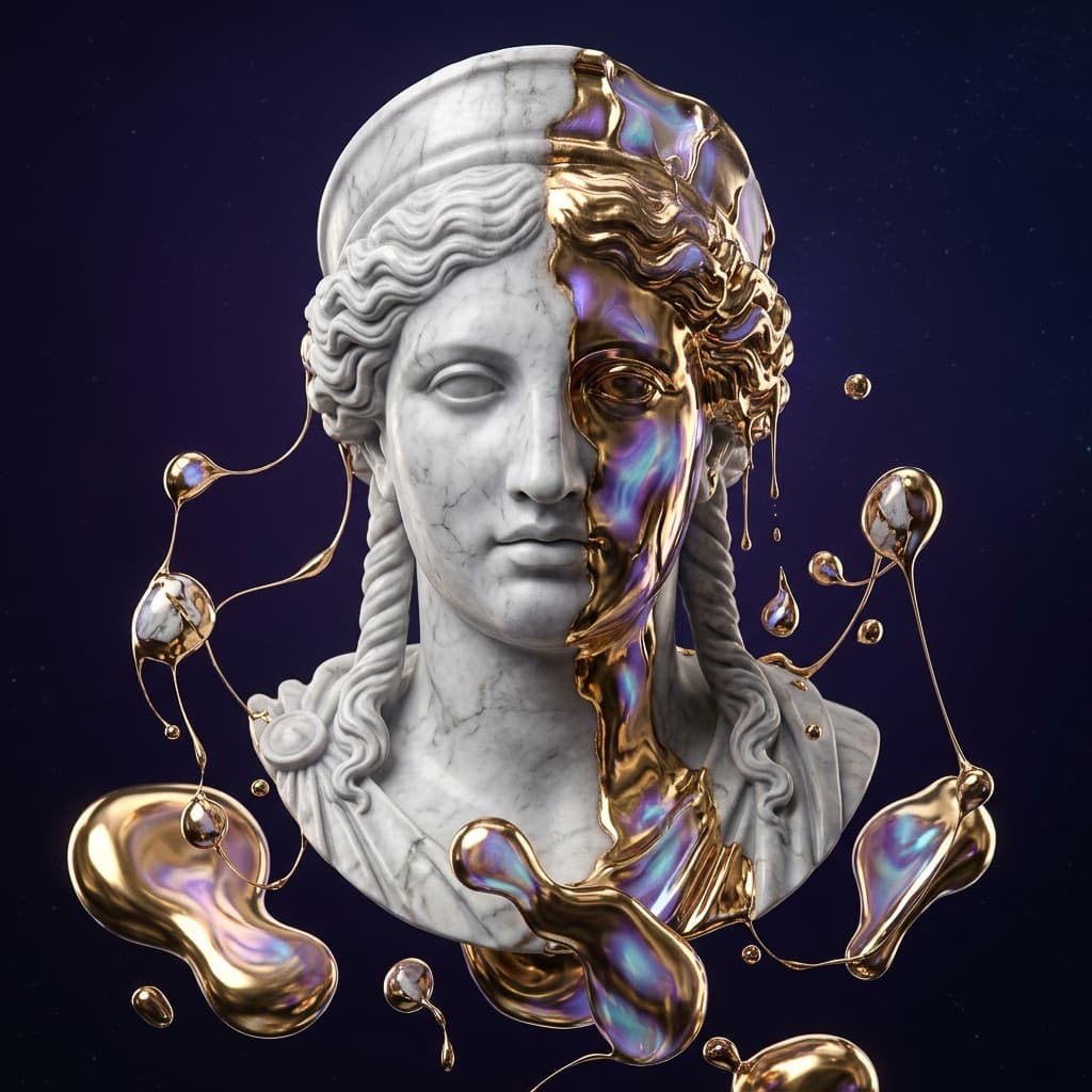 A classical marble bust of a goddess melting into iridescent liquid gold in zero gravity. High contrast, sharp focus on stone texture vs fluid metallic sheen, 8K, 1:1 aspect ratio, luxury aesthetic.