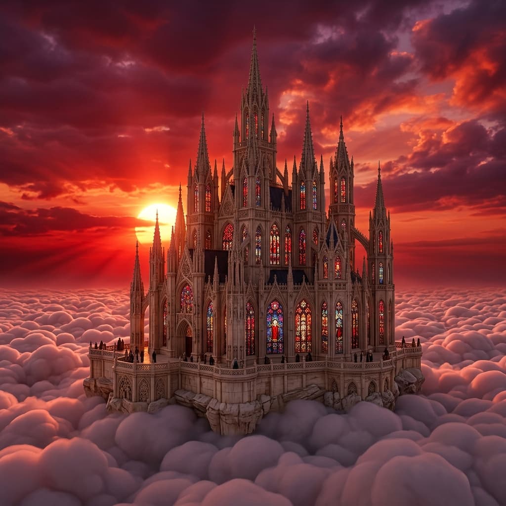 An ivory castle floating on a sea of marshmallow-like clouds during a blood-red sunset. Gothic architecture with stained glass windows, 8K, 1:1 aspect ratio, epic scale, hyper-detailed.
