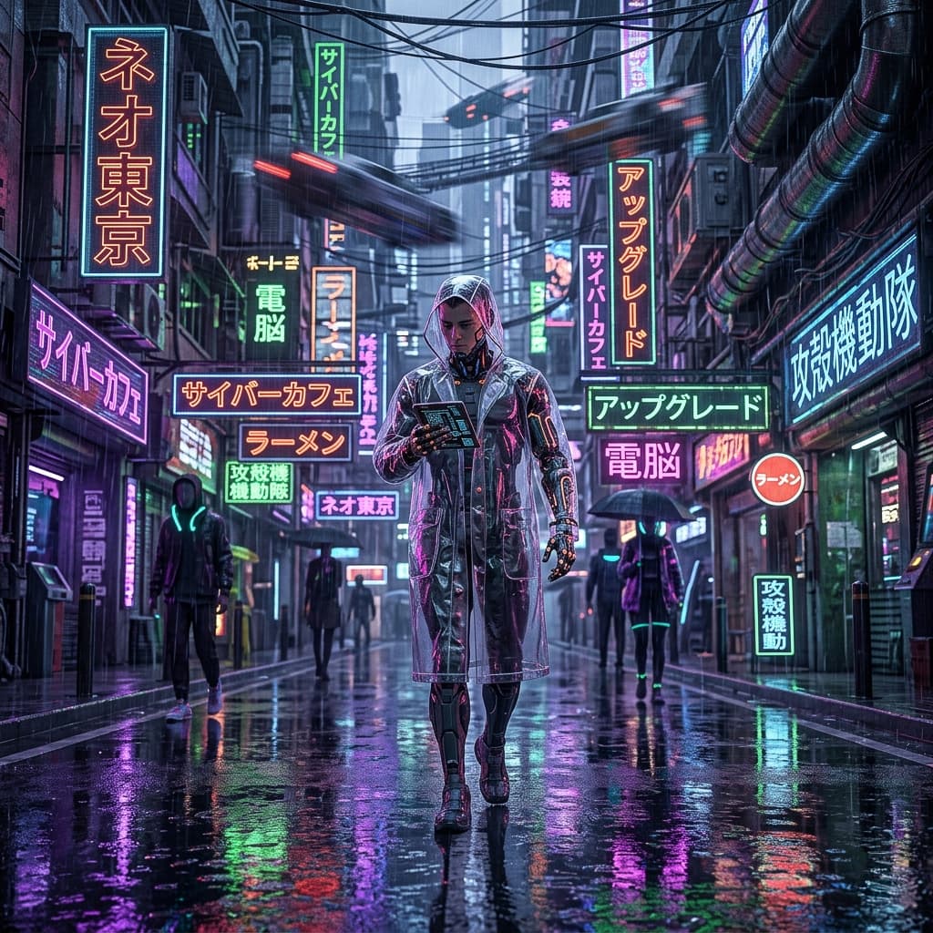 A high-tech cyberpunk street in Neo-Tokyo. Wet asphalt reflecting flickering neon signs, a lone cyborg in a transparent vinyl raincoat, 8K, 1:1 aspect ratio, intricate cybernetic implants, rainy atmosphere.