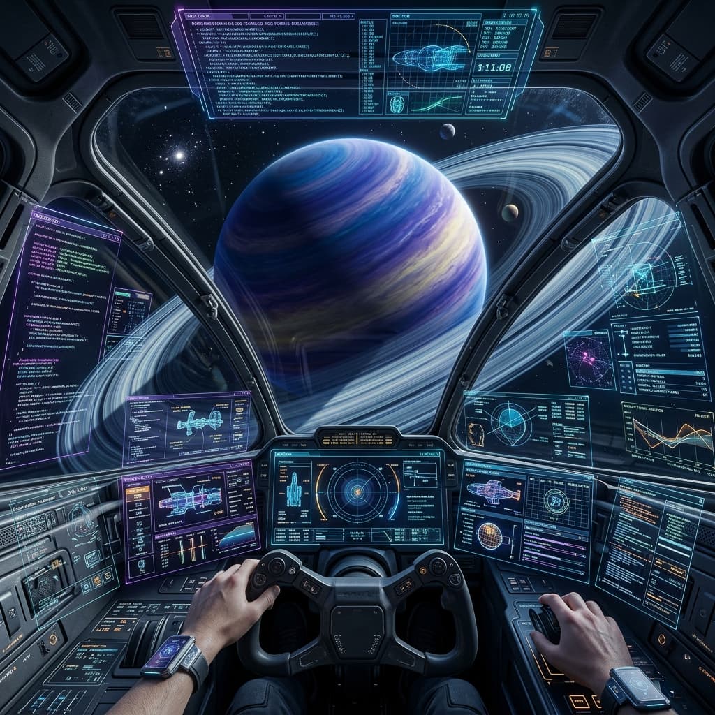 First-person view inside a futuristic spaceship cockpit. Hundreds of glowing holographic interfaces, view of a ringed gas giant planet through the glass, 8K, 1:1 aspect ratio, extreme technical detail.
