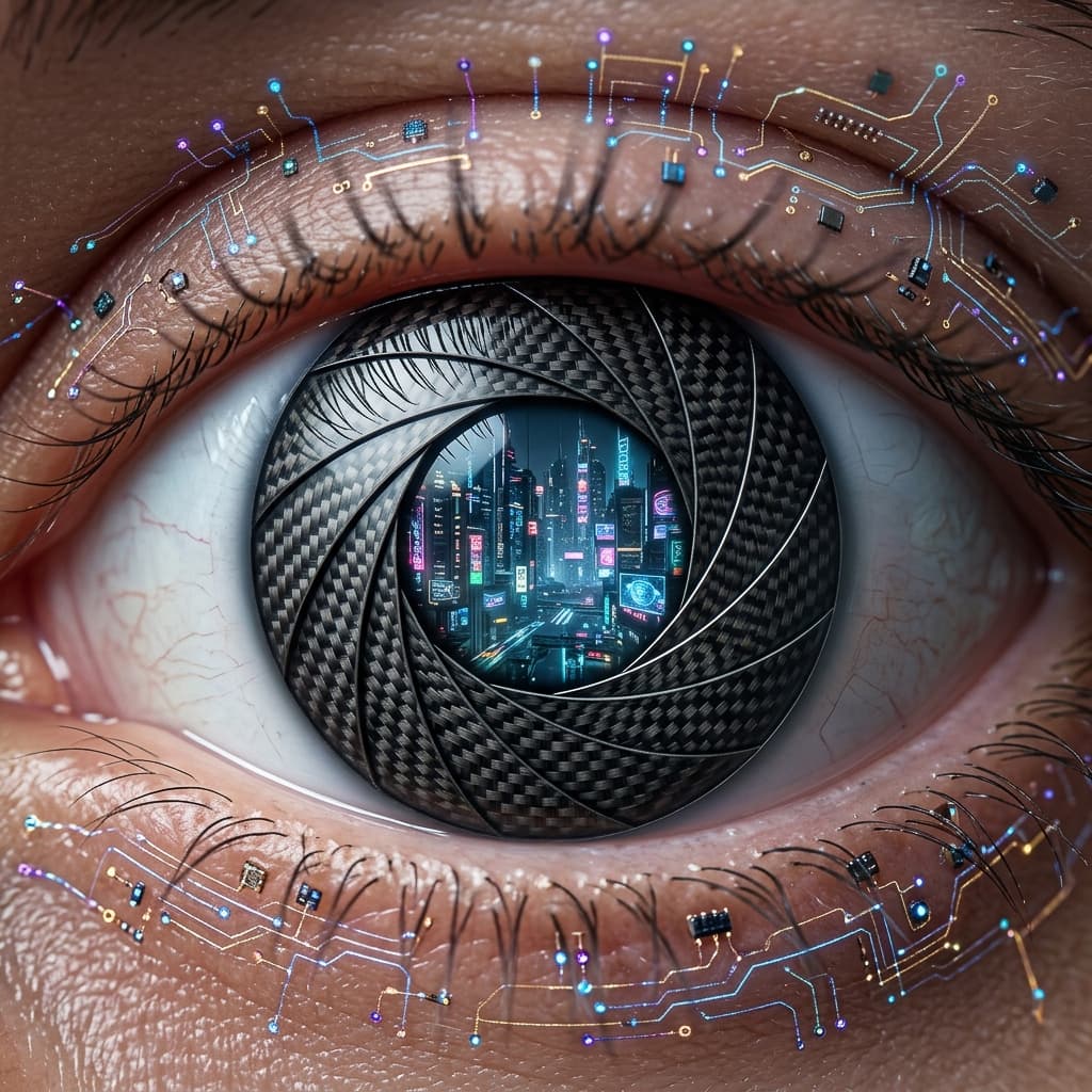 Macro shot of a human eye with a shutter-style iris made of carbon fiber. Micro-sensors embedded in the skin, reflection of a digital city in the pupil, 8K, 1:1 aspect ratio, sci-fi realism.
