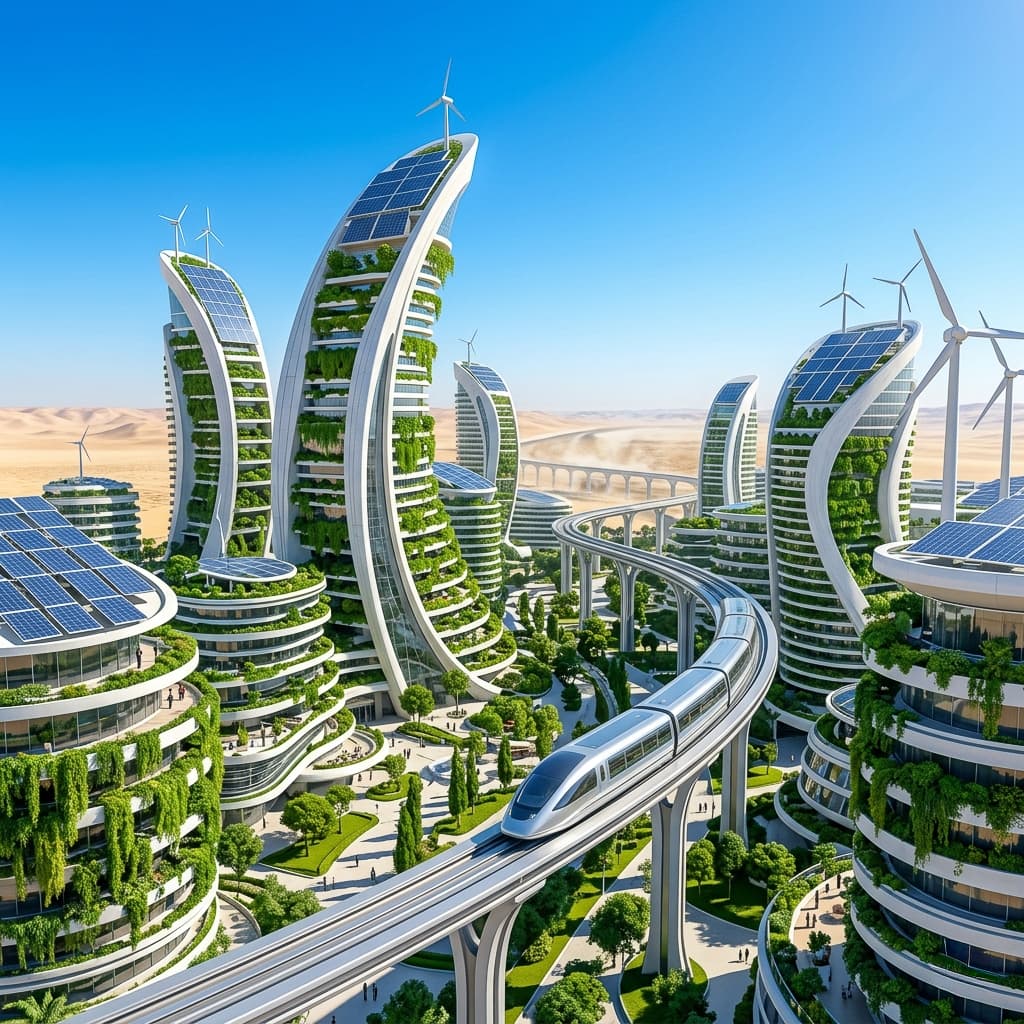A sustainable solar-punk city in the Sahara. Curved white skyscrapers with vertical gardens, sleek silver maglev trains, shimmering heat haze, 8K, 1:1 aspect ratio, bright and optimistic.